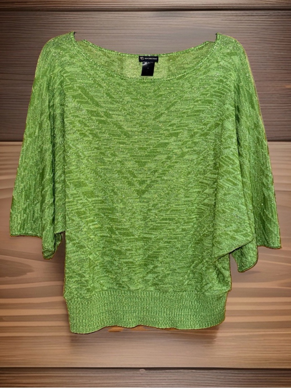 N D Bright Metallic Green Scoop Neck Knit Sweater w/Dolman Sleeve-M-EC